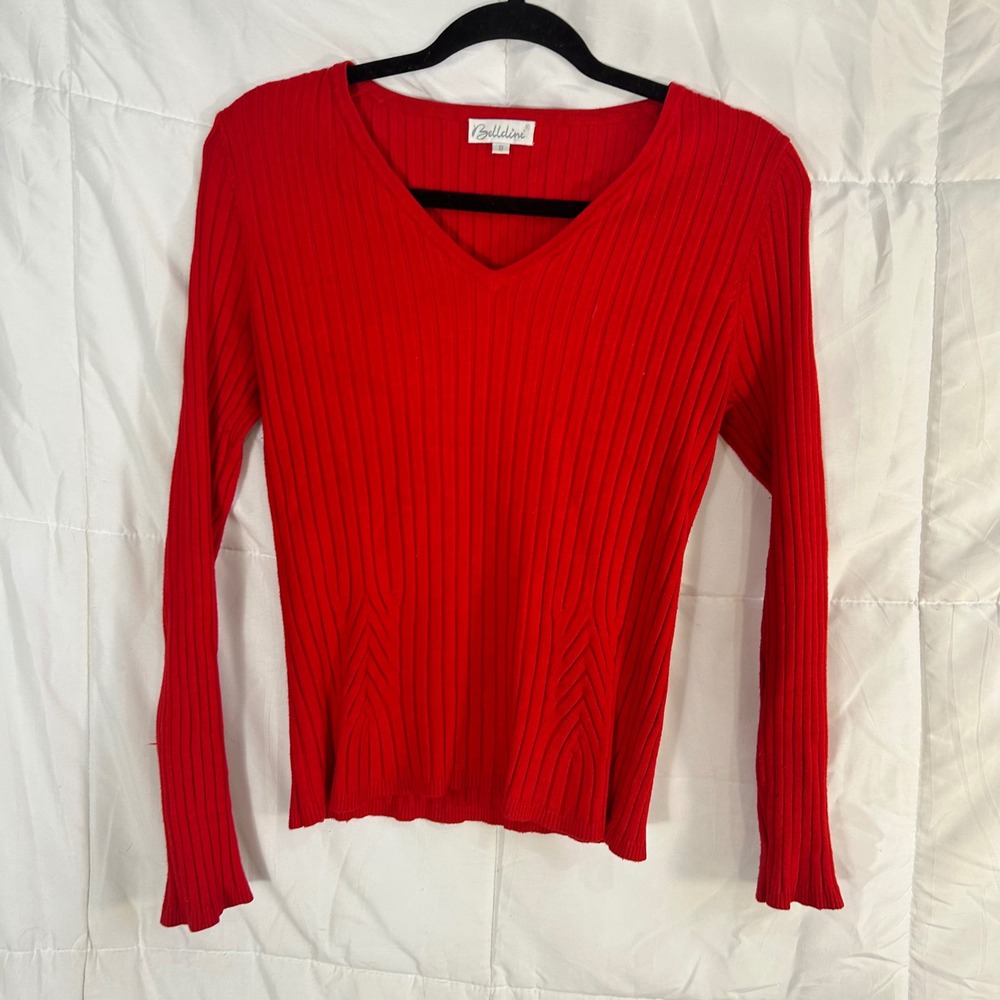 Belldini Red Ribbed V Neck Long Sleeve Sweater Women's Size S‎
